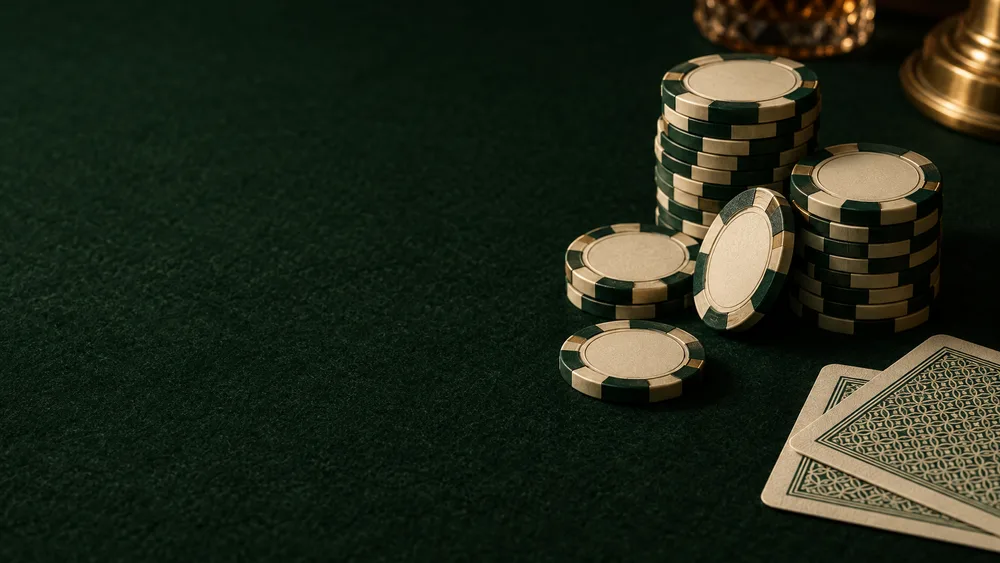 Ivory poker chips on a green felt table